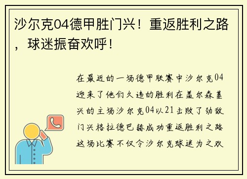 沙尔克04德甲胜门兴！重返胜利之路，球迷振奋欢呼！