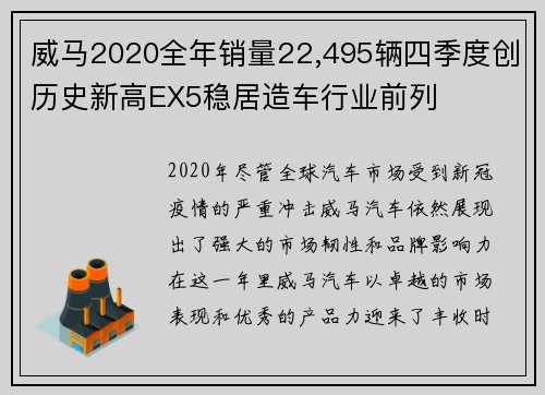 威马2020全年销量22,495辆四季度创历史新高EX5稳居造车行业前列