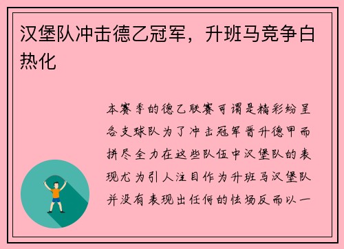 汉堡队冲击德乙冠军，升班马竞争白热化