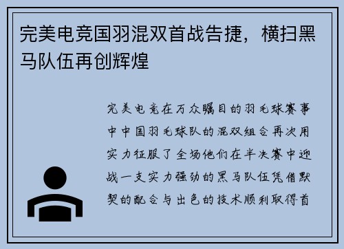 完美电竞国羽混双首战告捷，横扫黑马队伍再创辉煌