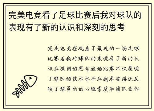 完美电竞看了足球比赛后我对球队的表现有了新的认识和深刻的思考