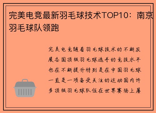 完美电竞最新羽毛球技术TOP10：南京羽毛球队领跑