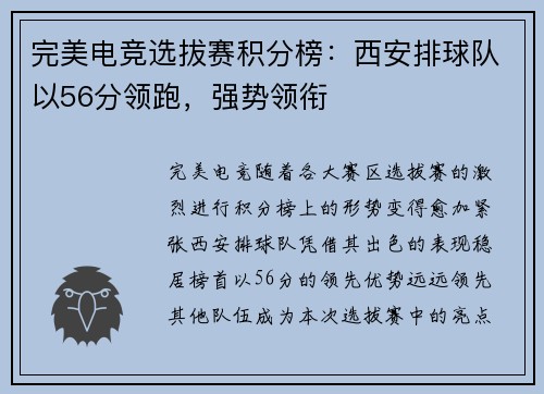 完美电竞选拔赛积分榜：西安排球队以56分领跑，强势领衔