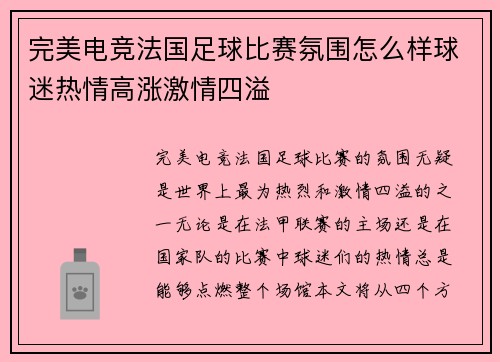 完美电竞法国足球比赛氛围怎么样球迷热情高涨激情四溢