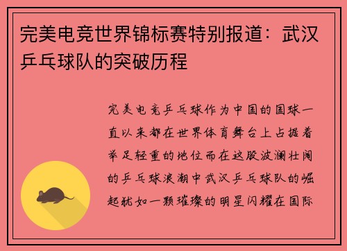 完美电竞世界锦标赛特别报道：武汉乒乓球队的突破历程