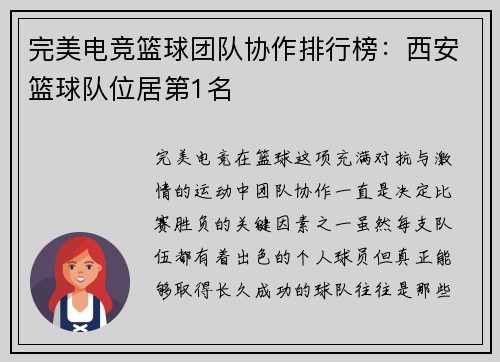完美电竞篮球团队协作排行榜：西安篮球队位居第1名