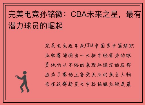 完美电竞孙铭徽：CBA未来之星，最有潜力球员的崛起