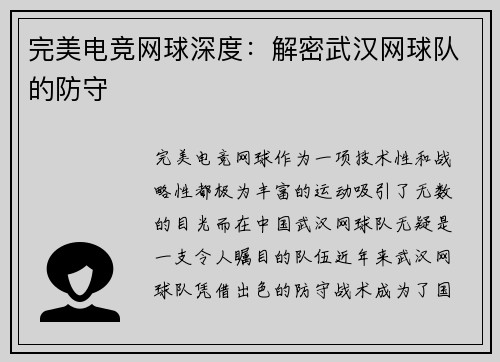 完美电竞网球深度：解密武汉网球队的防守