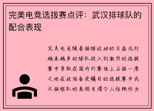 完美电竞选拔赛点评：武汉排球队的配合表现