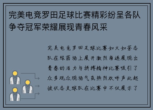 完美电竞罗田足球比赛精彩纷呈各队争夺冠军荣耀展现青春风采